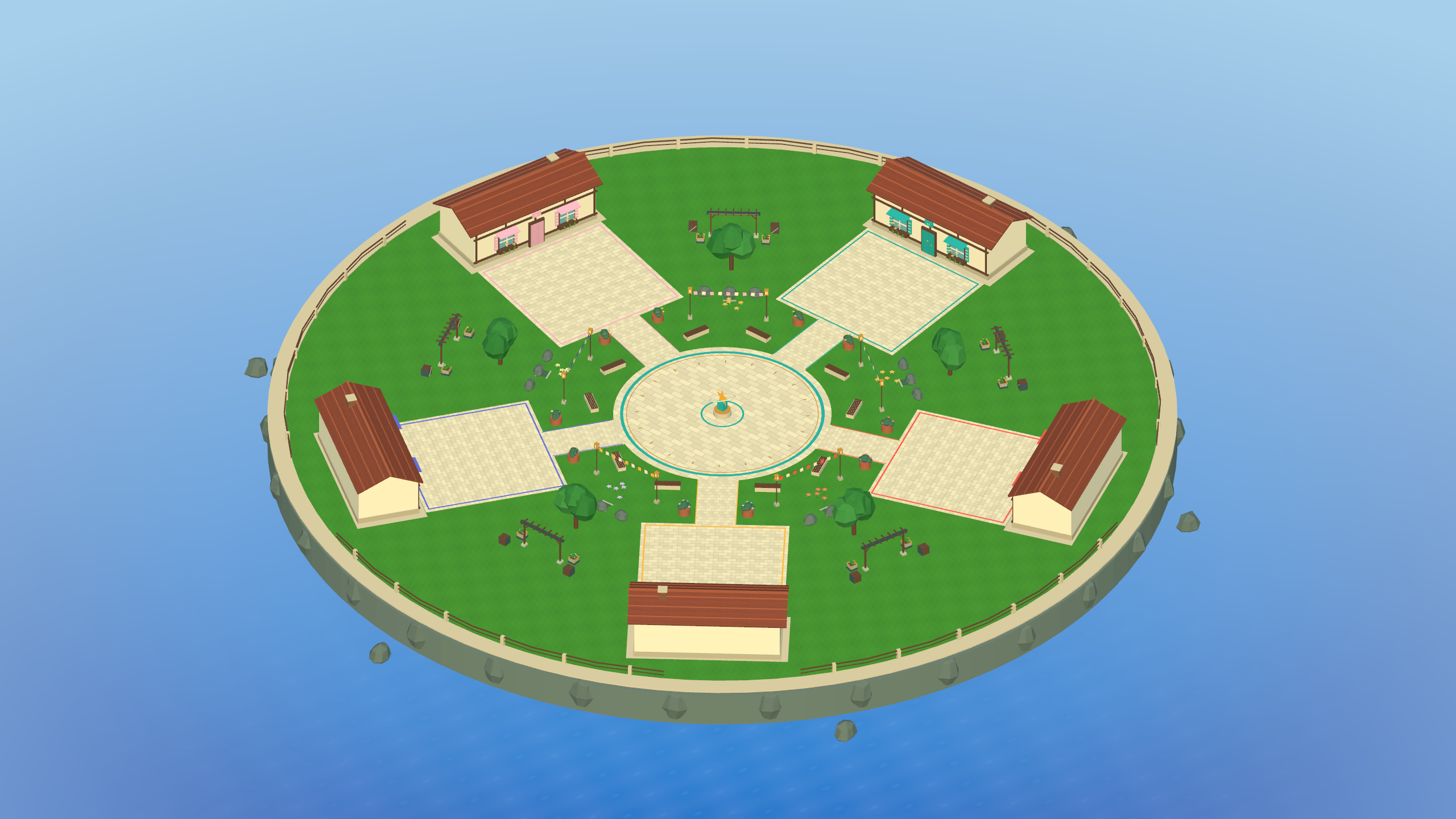 Build Battle's cozy town square surrounded by five building yards.