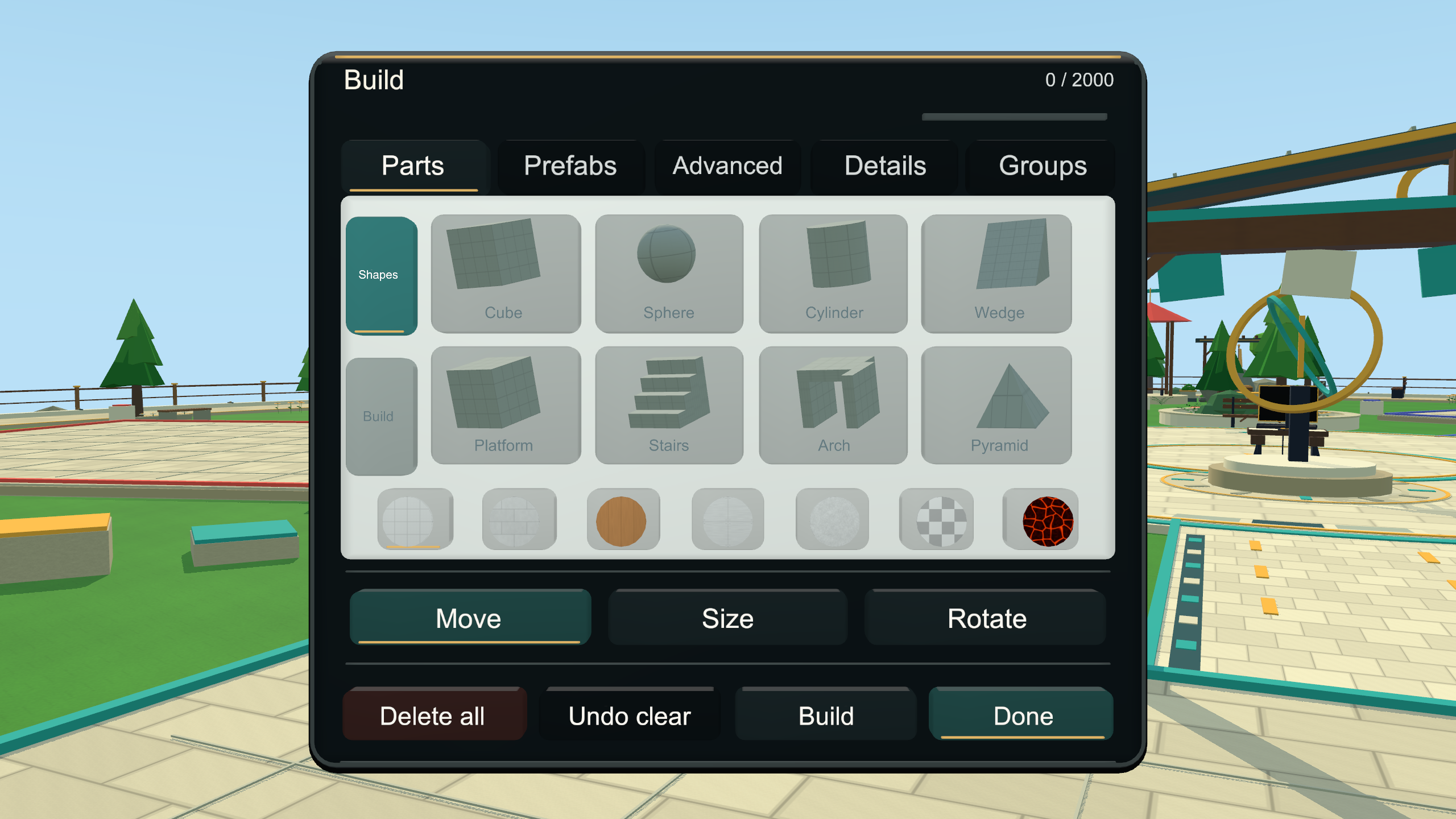 The Orbit VR building menu with part previews and building controls.
