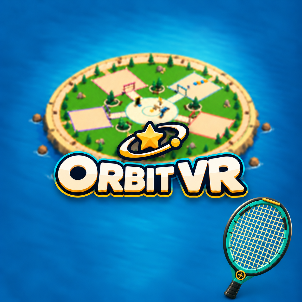 Orbit VR cover art showing a sunny island, orbiting star logo and tennis racket avatar.