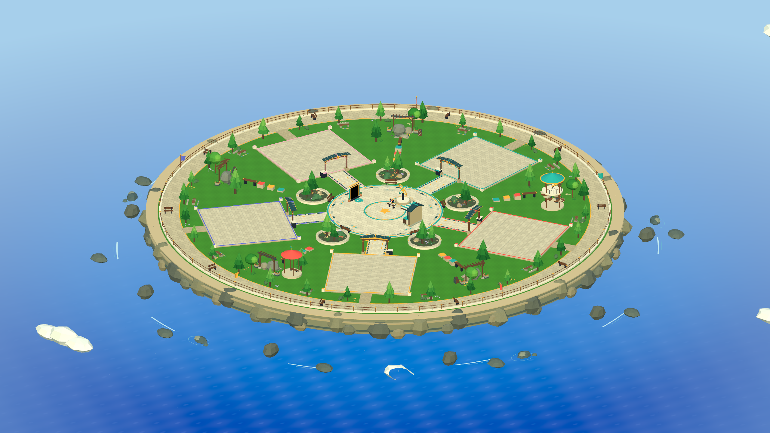 The circular Orbit VR island with five building plots, gardens and a central plaza.